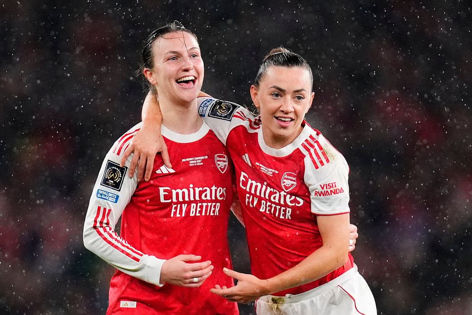 Arsenal's Lotte Wubben-Moy (left) celebrates with Katie McCabe